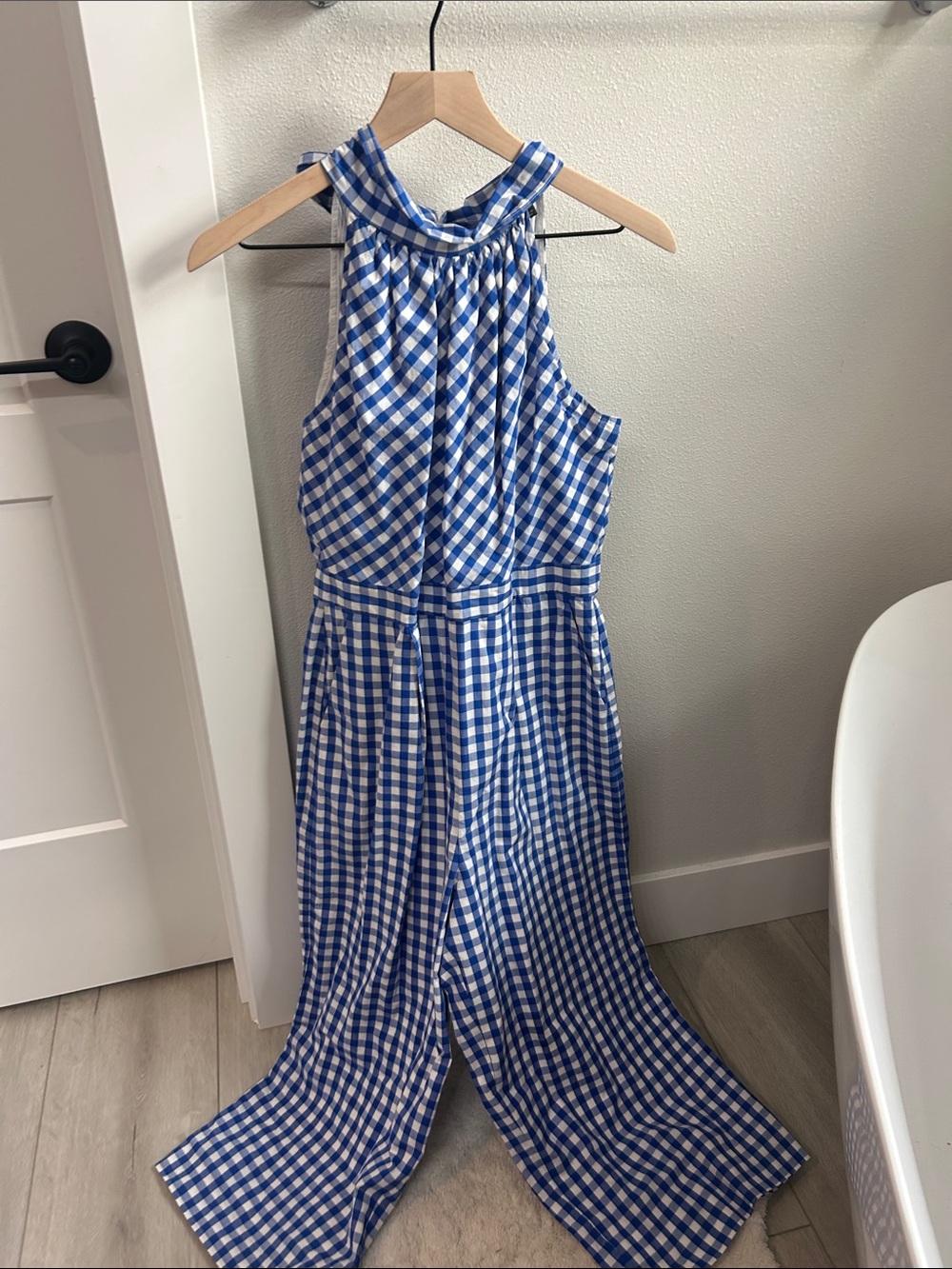 J. Crew Blue and White Gingham Halter Jumpsuit